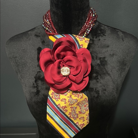 Jewelry - Red, Yellow and Blue Vintage Necktie Statement Necklace with Floral Design